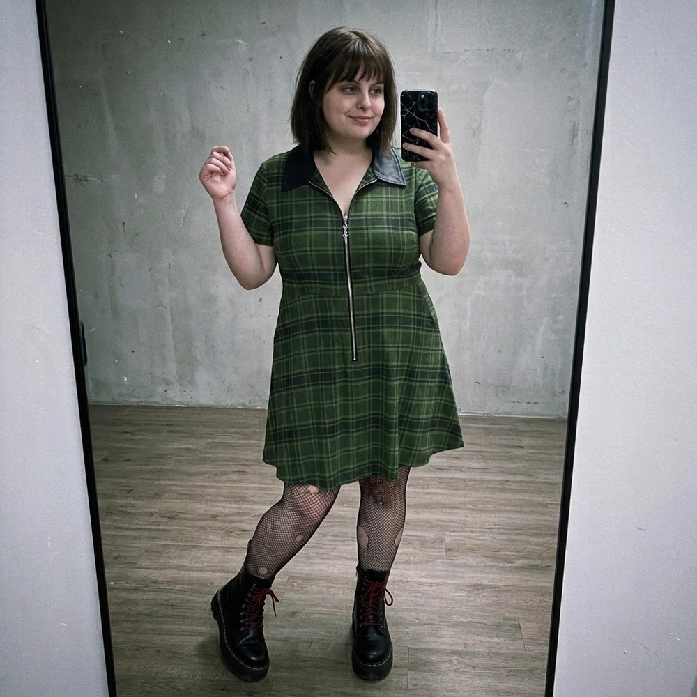 Dangerfield Dress Sz 16 Green Plaid Half-Zip Pockets Gothic Academia Grunge Punk